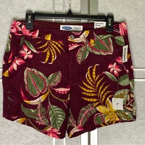 Old Navy Everyday Shorts Midrise Sz 4 Burgundy Floral Tropical Linen Blend New